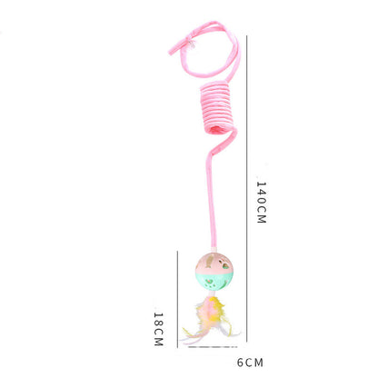 Colorful toy with a pink string and measurements on a white background
