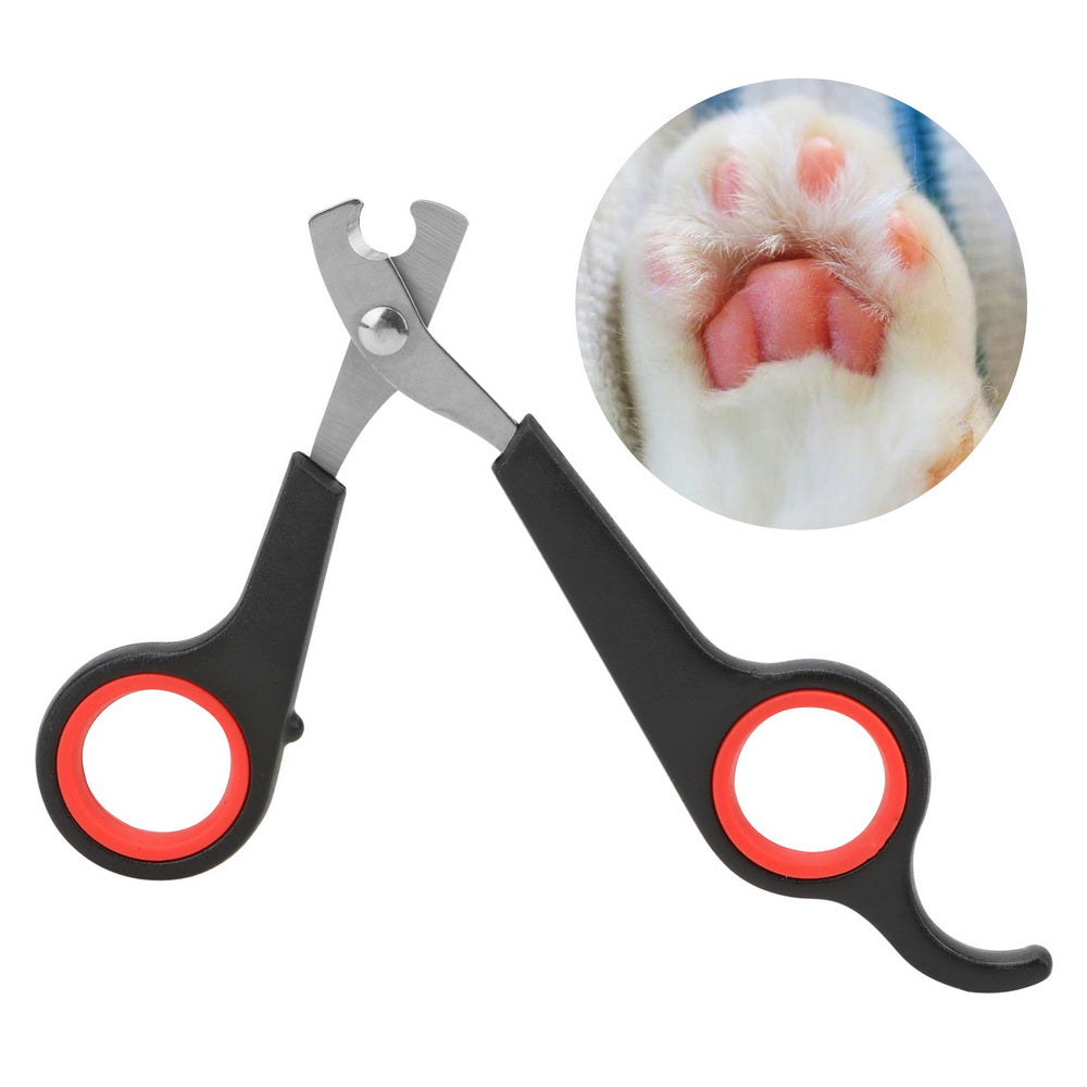 Pet nail clipper with black handles and red circular accents, inset showing a close-up of a pet's paw.