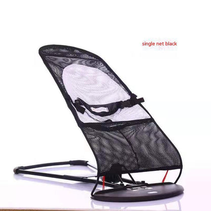 Black baby bouncer with white cushion on a white background