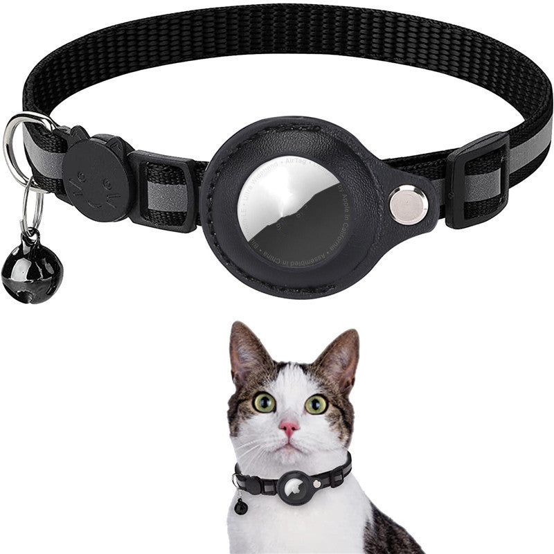 Black Reflective Waterproof AirTag Collar for Cats & Dogs and cat wearing the collar