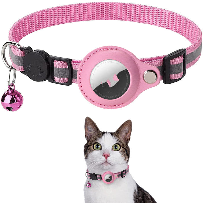 Pink Reflective Waterproof AirTag Collar for Cats & Dogs and cat wearing the collar