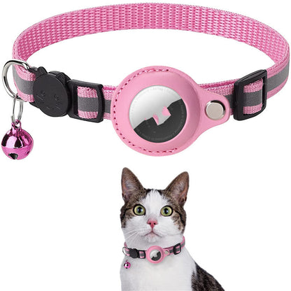 Pink Reflective Waterproof AirTag Collar for Cats & Dogs and cat wearing the collar
