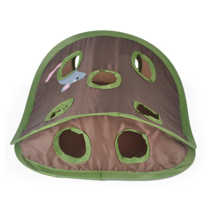 Brown and green pet playpen with multiple holes on a white background