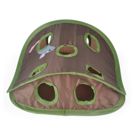 Brown and green pet playpen with multiple holes on a white background