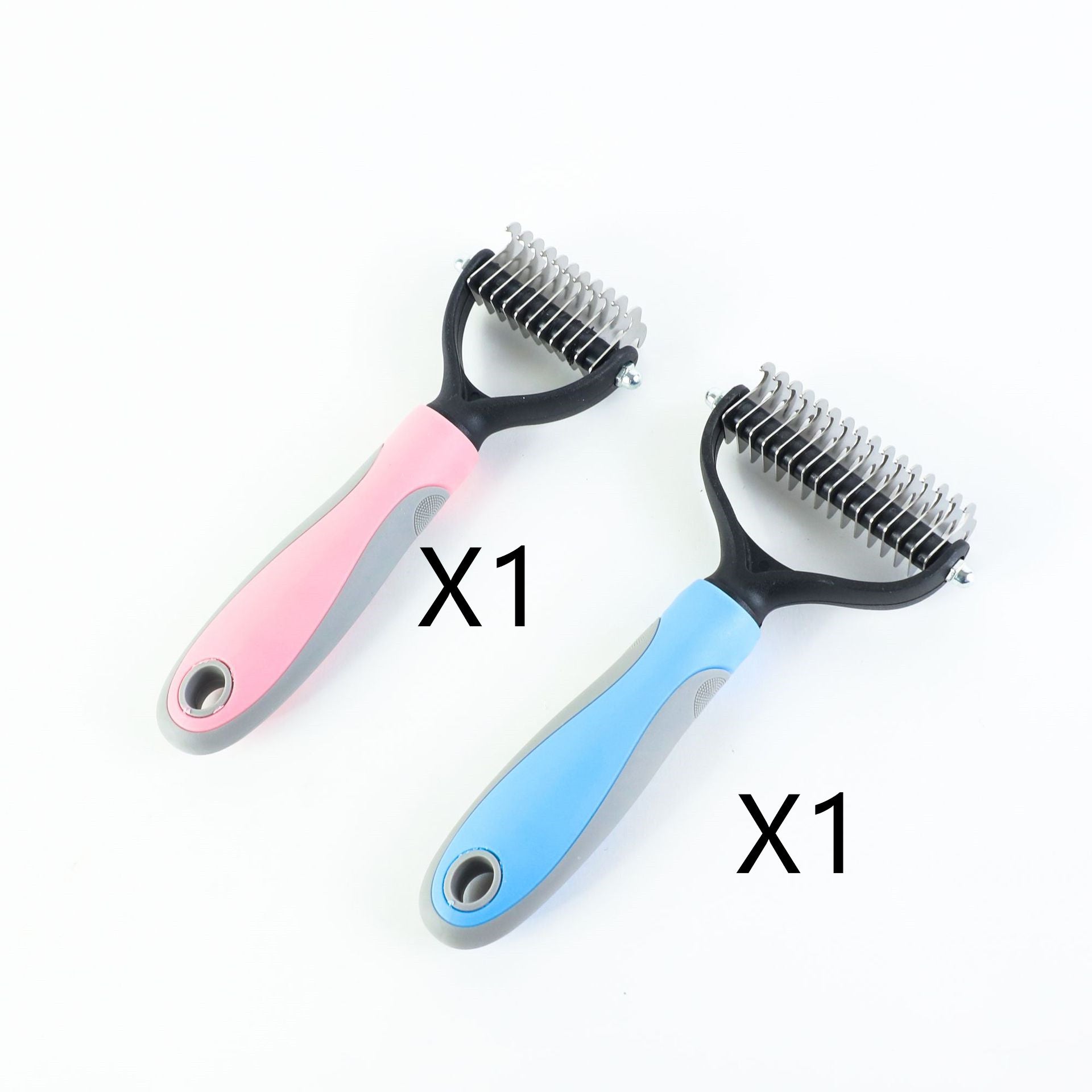 Two pet grooming brushes, one pink and one blue, on a white background.