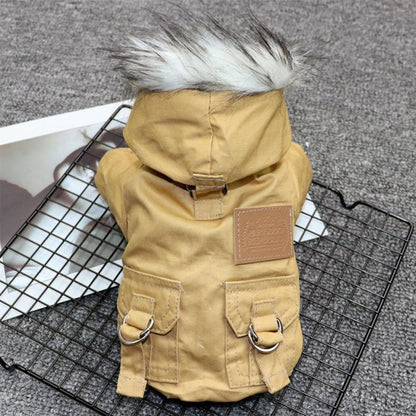 Dog coat with fur hood on a cooling rack