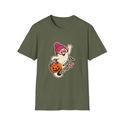 An olive green short-sleeve crewneck t-shirt featuring a cartoon graphic of a cute ghost wearing a pink and red striped beanie and glasses, holding a jack-o'-lantern bucket of candy.