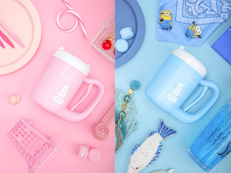 Pink and blue mugs with accessories on pink and blue backgrounds