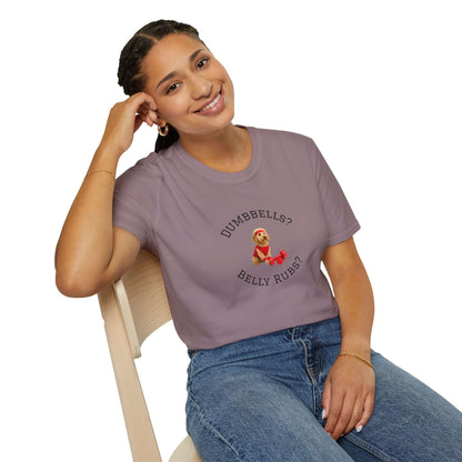 Goldendoodle Dog Lover Workout Tee – “Belly Rubs or Dumbbells?” featuring a smiling woman promoting pet love and fitness.