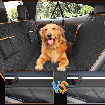 Dog sitting on a car seat cover with a 'VS' overlay