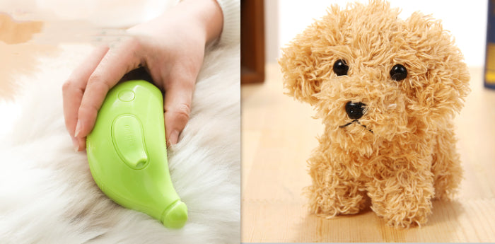 Green dog toy being held by a hand next to a fluffy brown dog.