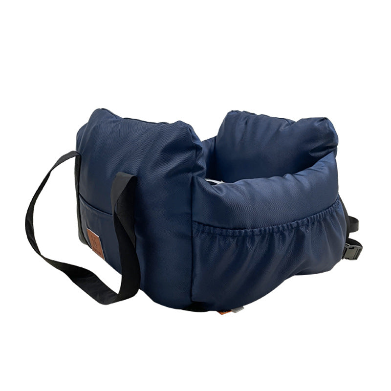 Navy blue baby seat with straps on a white background