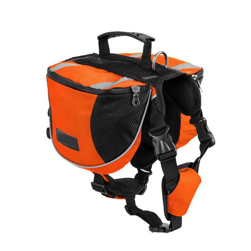 Orange and black dog harness and backpack on a white background