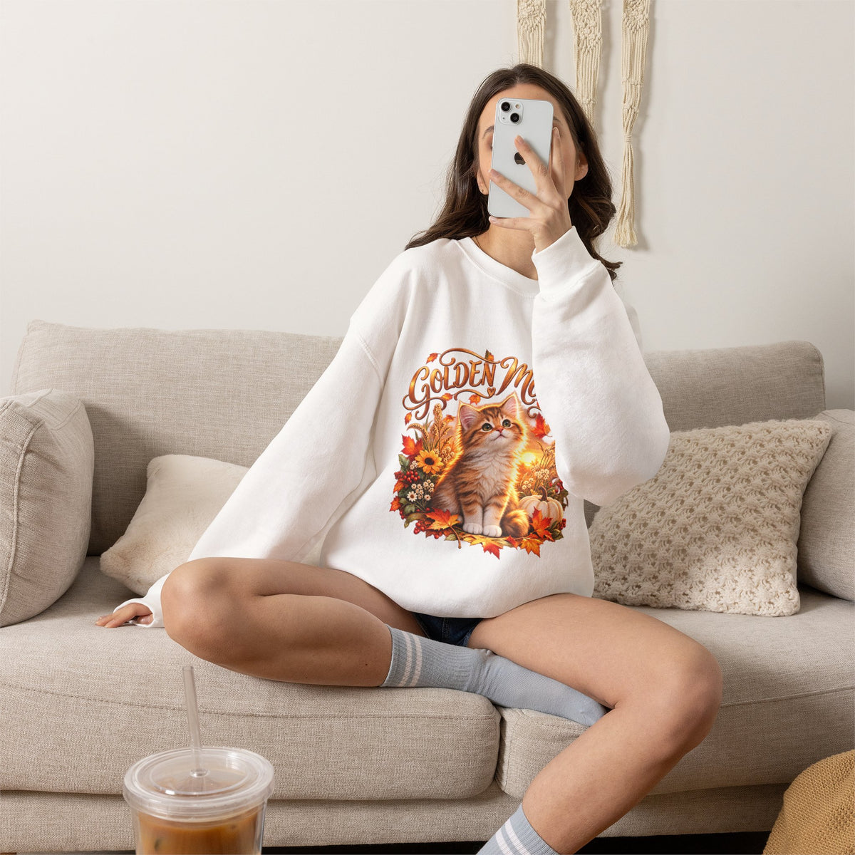 Golden Moments autumn cat lover sweatshirt shown from the front with colorful kitten harvest artwork
