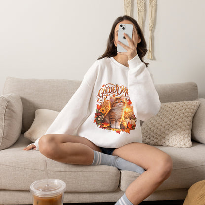 Golden Moments autumn cat lover sweatshirt shown from the front with colorful kitten harvest artwork
