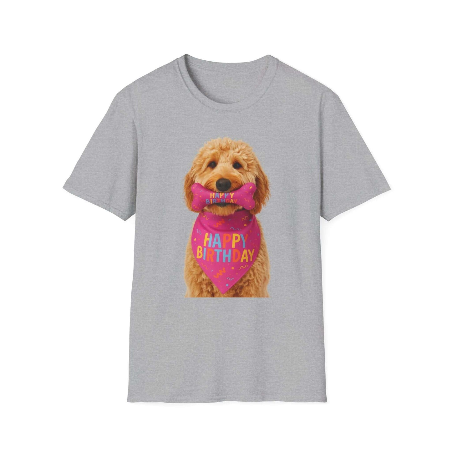 Birthday Dog T-Shirt featuring a happy doodle dog wearing a birthday bandana, ideal pet supplies for dogs.