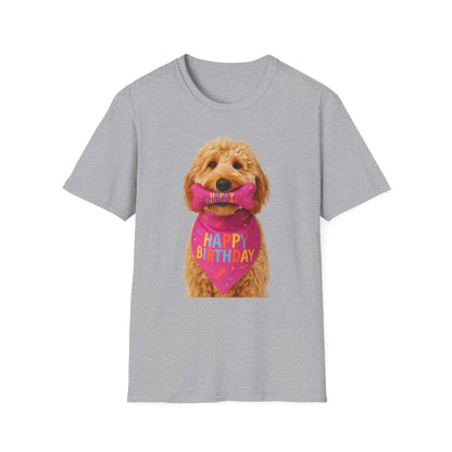 Birthday Dog T-Shirt featuring a happy doodle dog wearing a birthday bandana, ideal pet supplies for dogs.