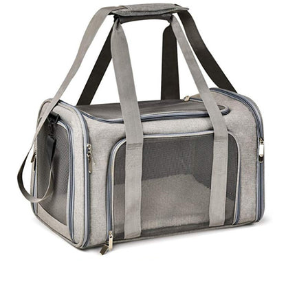 Gray pet carrier with mesh side on a white background