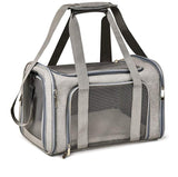 Gray pet carrier with mesh side on a white background