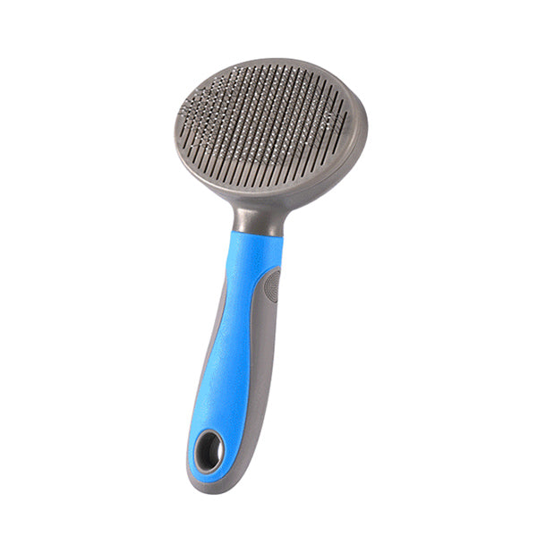 Pet grooming brush with blue handle on a white background