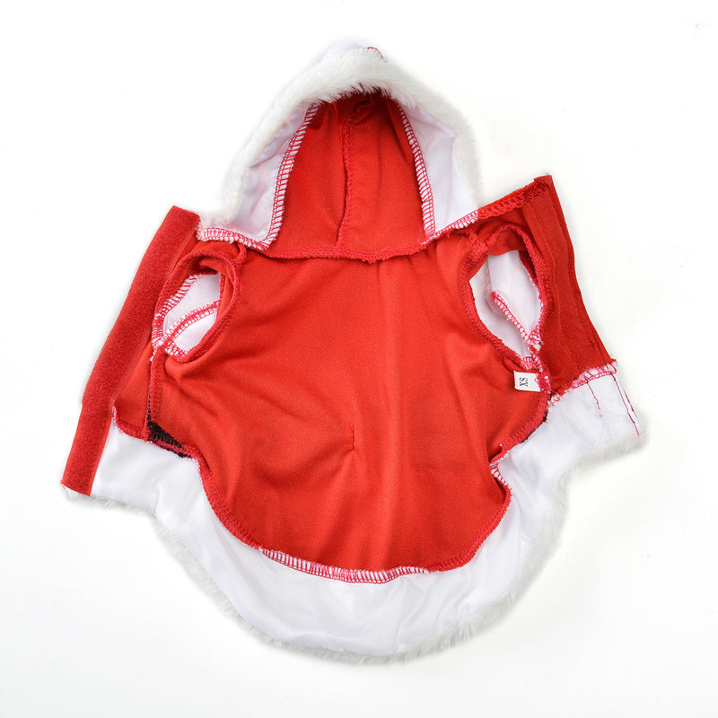 Inside of a red hooded Santa dog costume showing the lining and arm openings