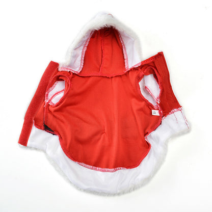 Inside of a red hooded Santa dog costume showing the lining and arm openings