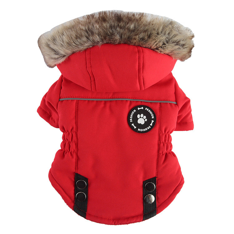 Red dog coat with fur hood on a white background