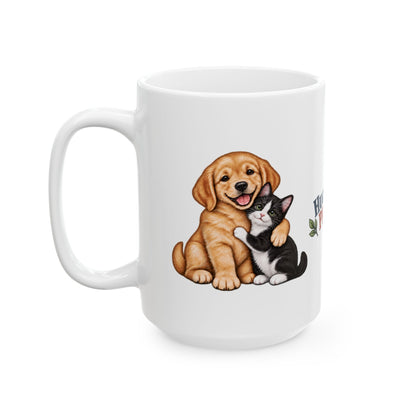 Hugs Love and Prayers puppy kitten coffee mug lifestyle image