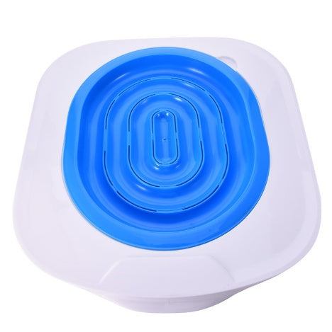 Collapsible blue and white pet water bowl on a white background