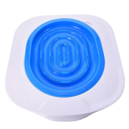 Collapsible blue and white pet water bowl on a white background