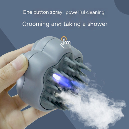 Hand holding a grooming tool with steam, labeled 'One button spray powerful cleaning Grooming and taking a shower' on a blue background.