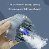 Hand holding a grooming tool with steam, labeled 'One button spray powerful cleaning Grooming and taking a shower' on a blue background.