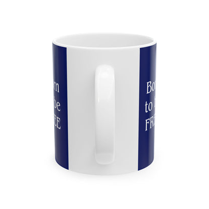 White mug with blue stripes and text on a white background