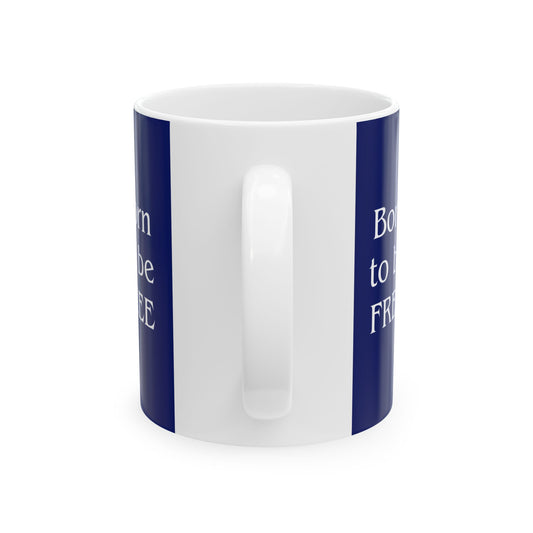 White mug with blue stripes and text on a white background