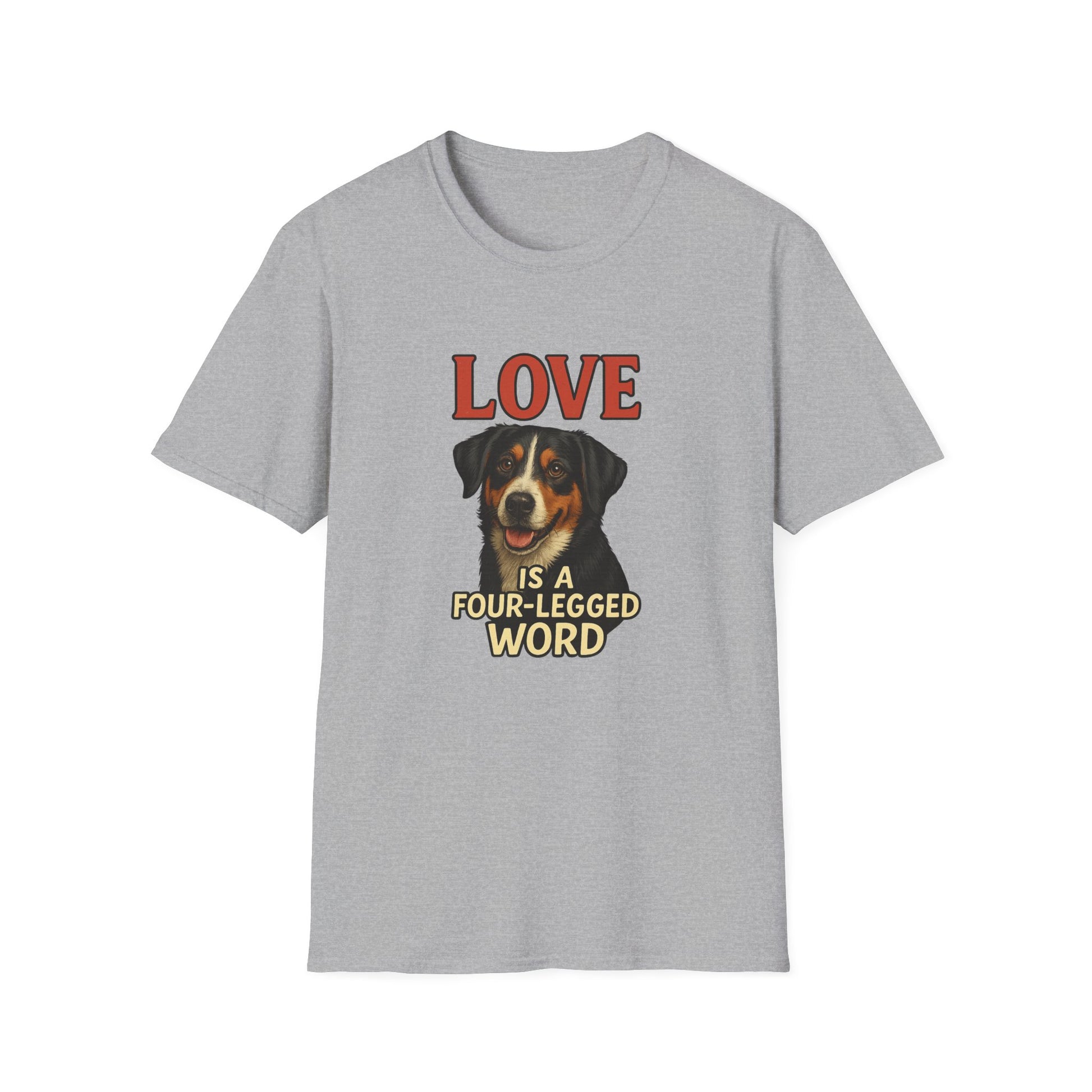 Gray t-shirt with a dog graphic and text on a white background
