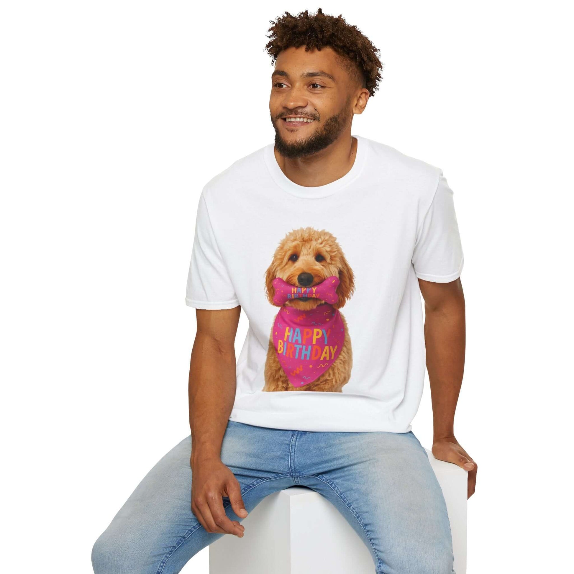 Birthday Dog T-Shirt displayed on a man, featuring a cute doodle pup celebrating with a birthday gift. Perfect for pet lovers.