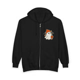 Black unisex Halloween zip-up hoodie with a trick-or-treat ghost design on the left chest