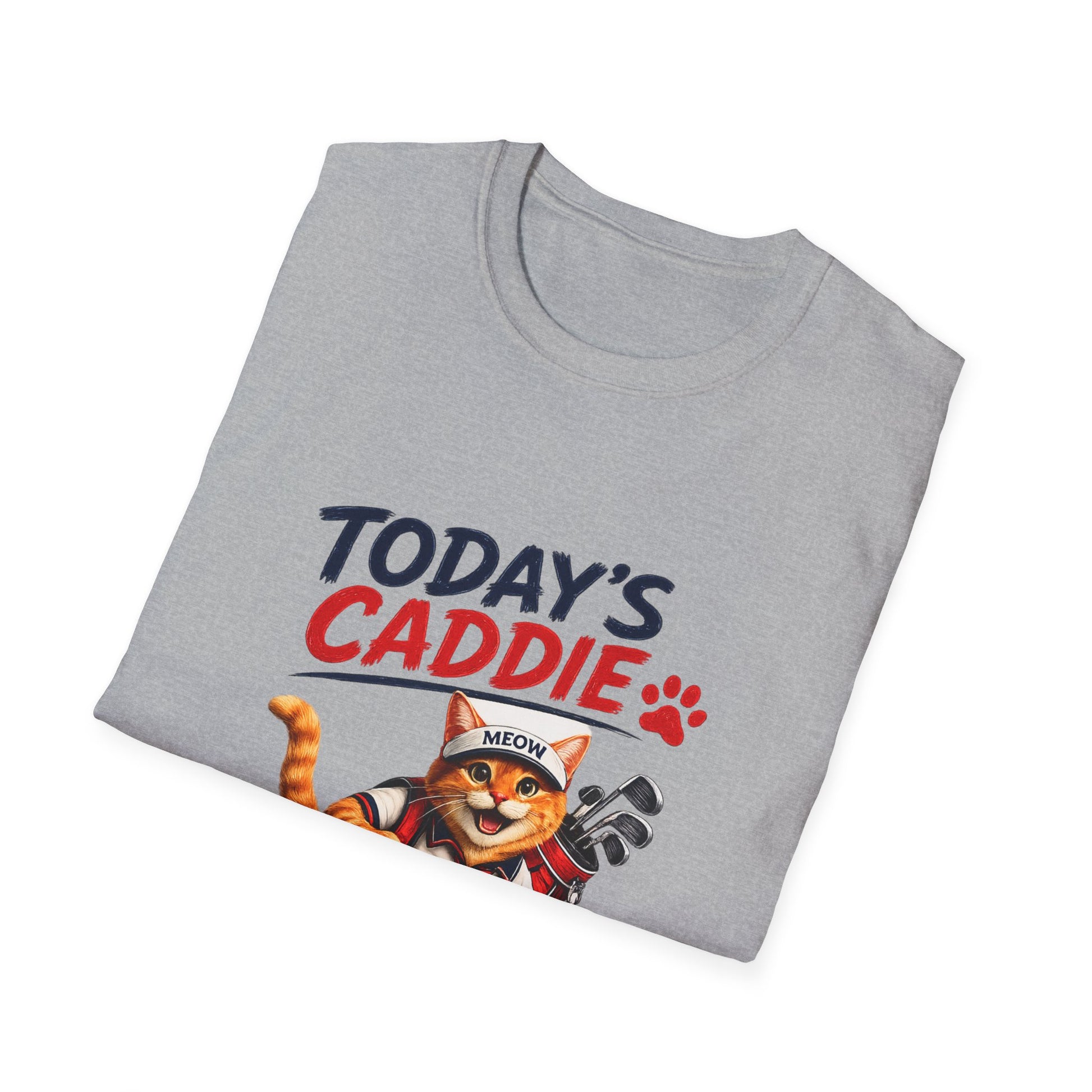 An sport grey short-sleeve crewneck t-shirt featuring a cartoon graphic of an orange tabby cat wearing a cap and holding golf clubs, with the text 'TODAY'S CADDIE' 