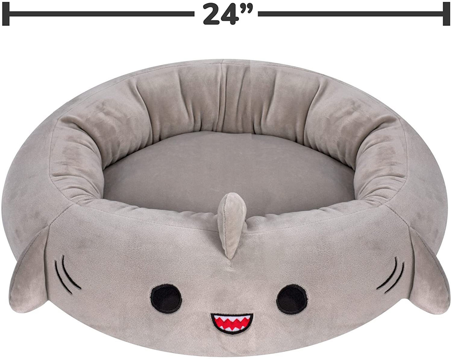 Gray shark-shaped pet bed with a smiley face design, size indicated as 24 inches.