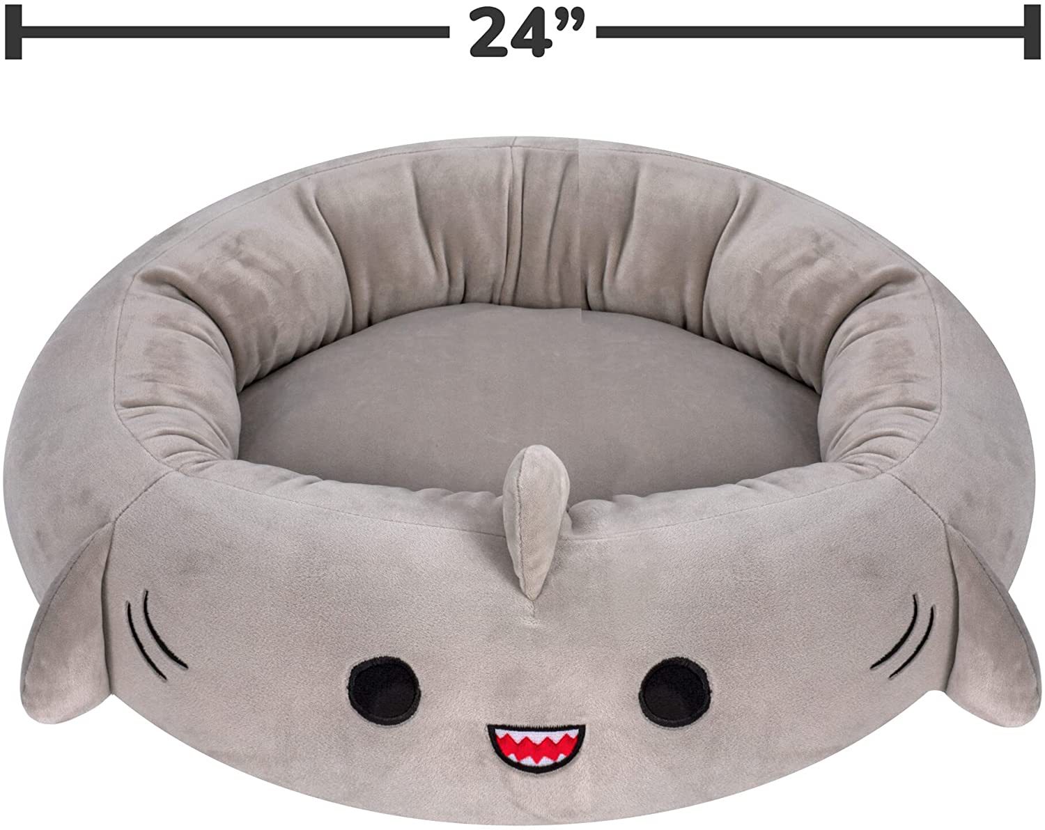 Gray shark-shaped pet bed with a smiley face design, size indicated as 24 inches.