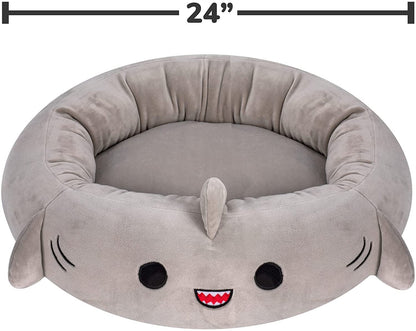 Gray shark-shaped pet bed with a smiley face design, size indicated as 24 inches.
