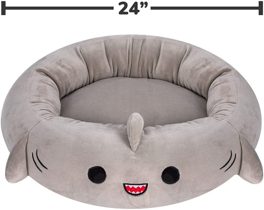 Gray shark-shaped pet bed with a smiley face design, size indicated as 24 inches.