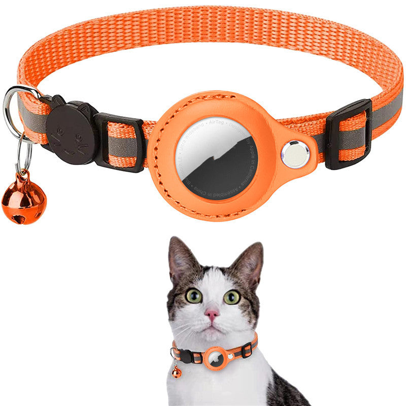Orange Reflective Waterproof AirTag Collar for Cats & Dogs and cat wearing the collar