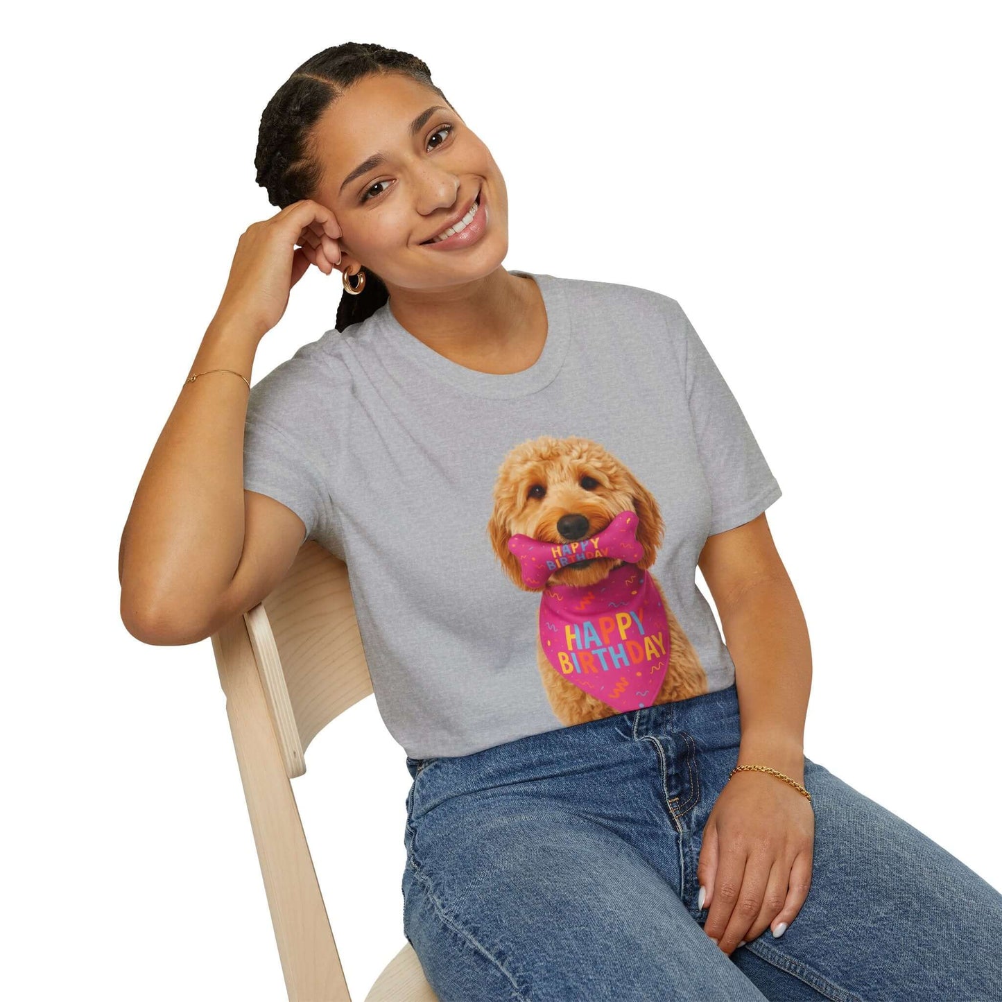 Birthday Dog T-Shirt featuring a doodle pup with a birthday bow, perfect for pet supplies and dog lovers.