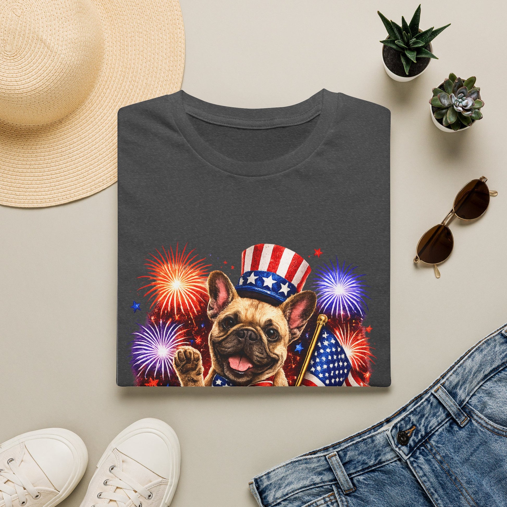 Gray t-shirt with a dog wearing a patriotic hat and fireworks design, surrounded by a hat, sunglasses, shoes, and plants on a light gray background.