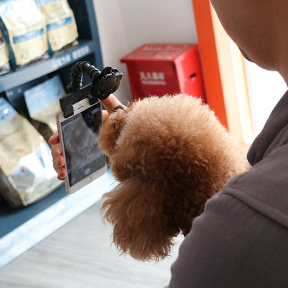 Person holding a phone with a small dog on their lap, in front of a store shelf.