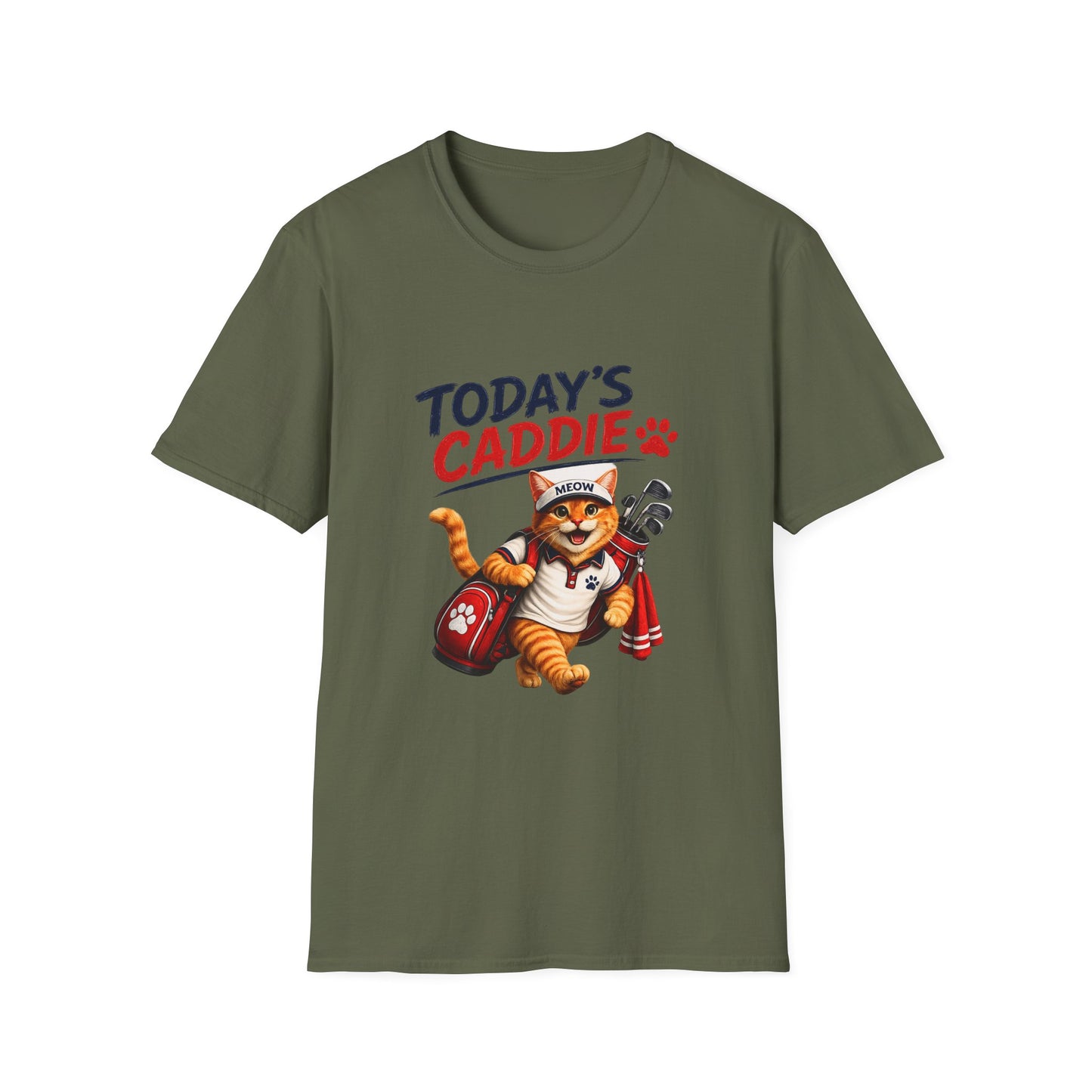 An olive green short-sleeve crewneck t-shirt featuring a cartoon graphic of an orange tabby cat wearing a cap and holding golf clubs, with the text 'TODAY'S CADDIE' 