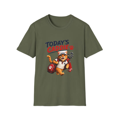 An olive green short-sleeve crewneck t-shirt featuring a cartoon graphic of an orange tabby cat wearing a cap and holding golf clubs, with the text 'TODAY'S CADDIE' 