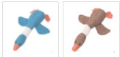 Two small plush toys, one blue and one brown, on a white background.