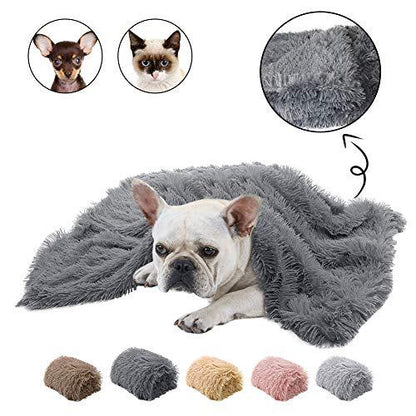 Fluffy gray pet blanket with a dog lying on it, surrounded by smaller images of dogs and a close-up of the blanket texture.